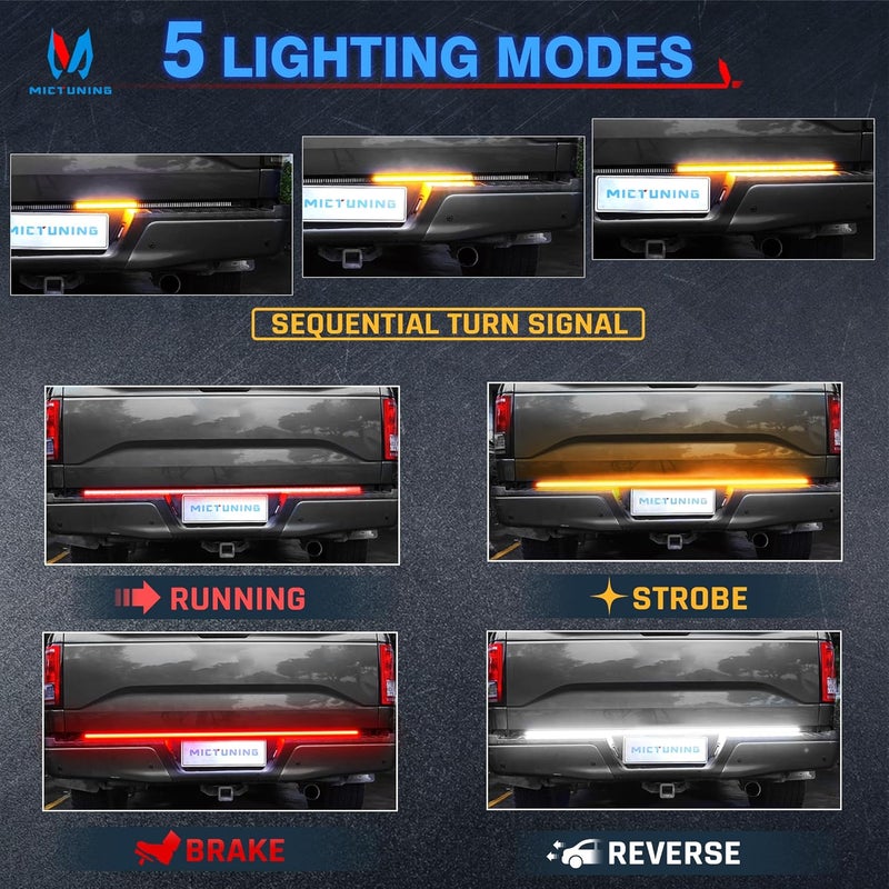 MICTUNING 60 inches Triple Row 432 LEDs Tailgate Strip Light Waterproof with 4-Way Flat Connector - 5 Functions Sequential Amber Turn Signal, Red Brake Running, White Reverse Lights - Image 2